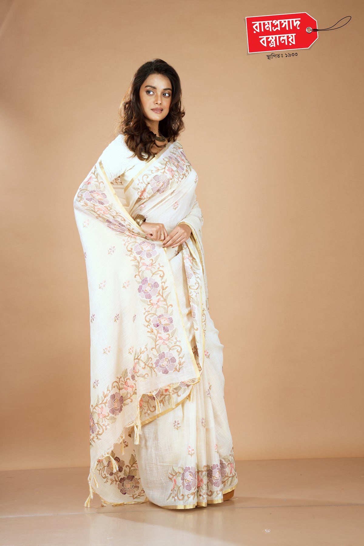 CREAM SEMI LINEN SAREE