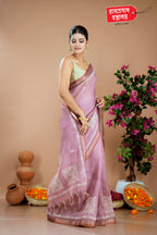 PINK SEMI LINEN SAREE