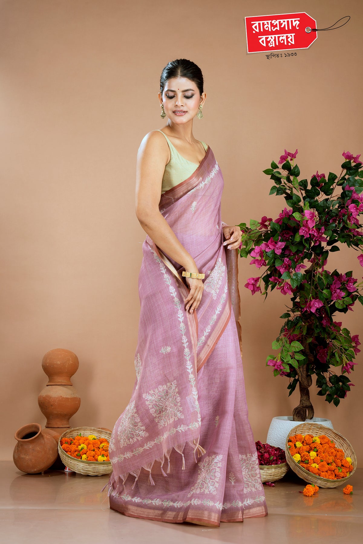 PINK SEMI LINEN SAREE