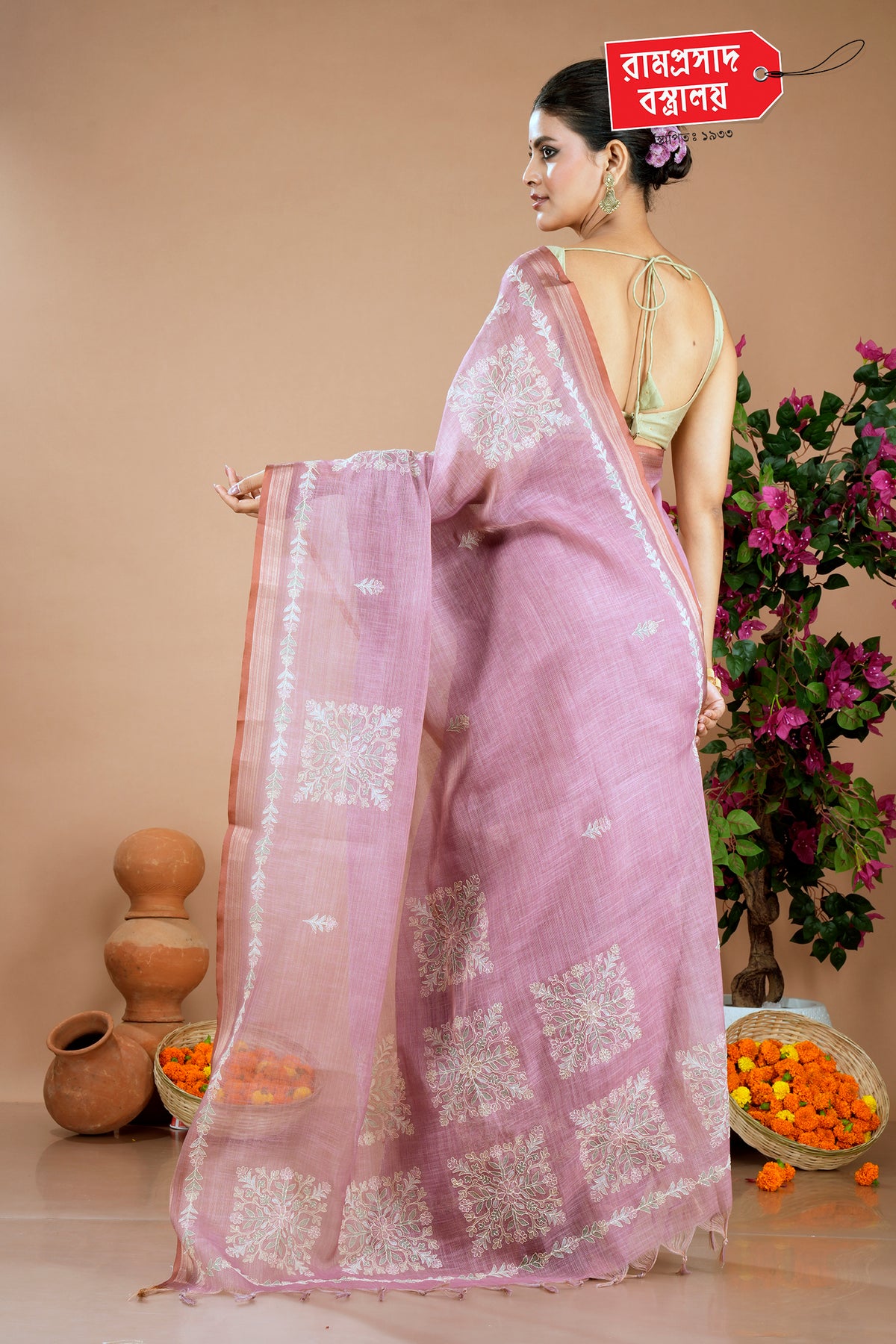 PINK SEMI LINEN SAREE