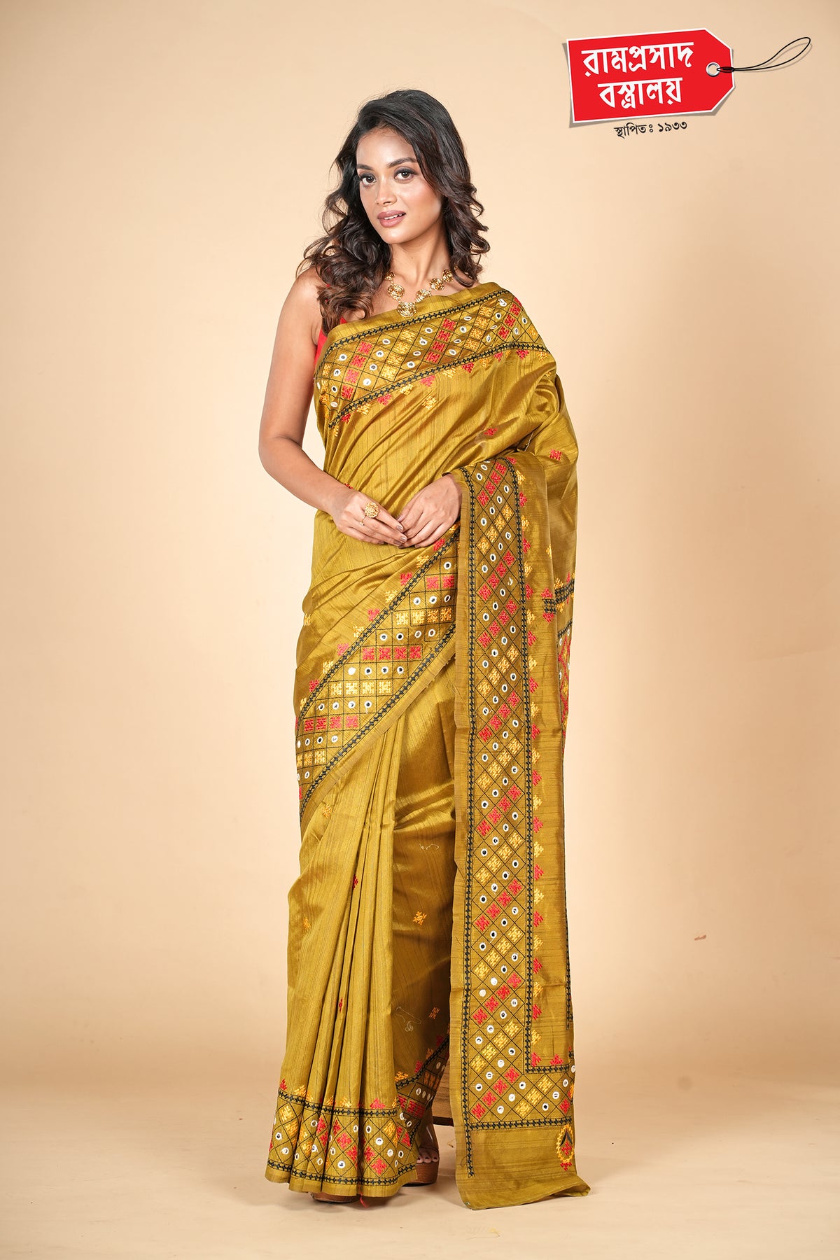 MUSTARD SEMI TUSSER GUJRATI WORK SAREE