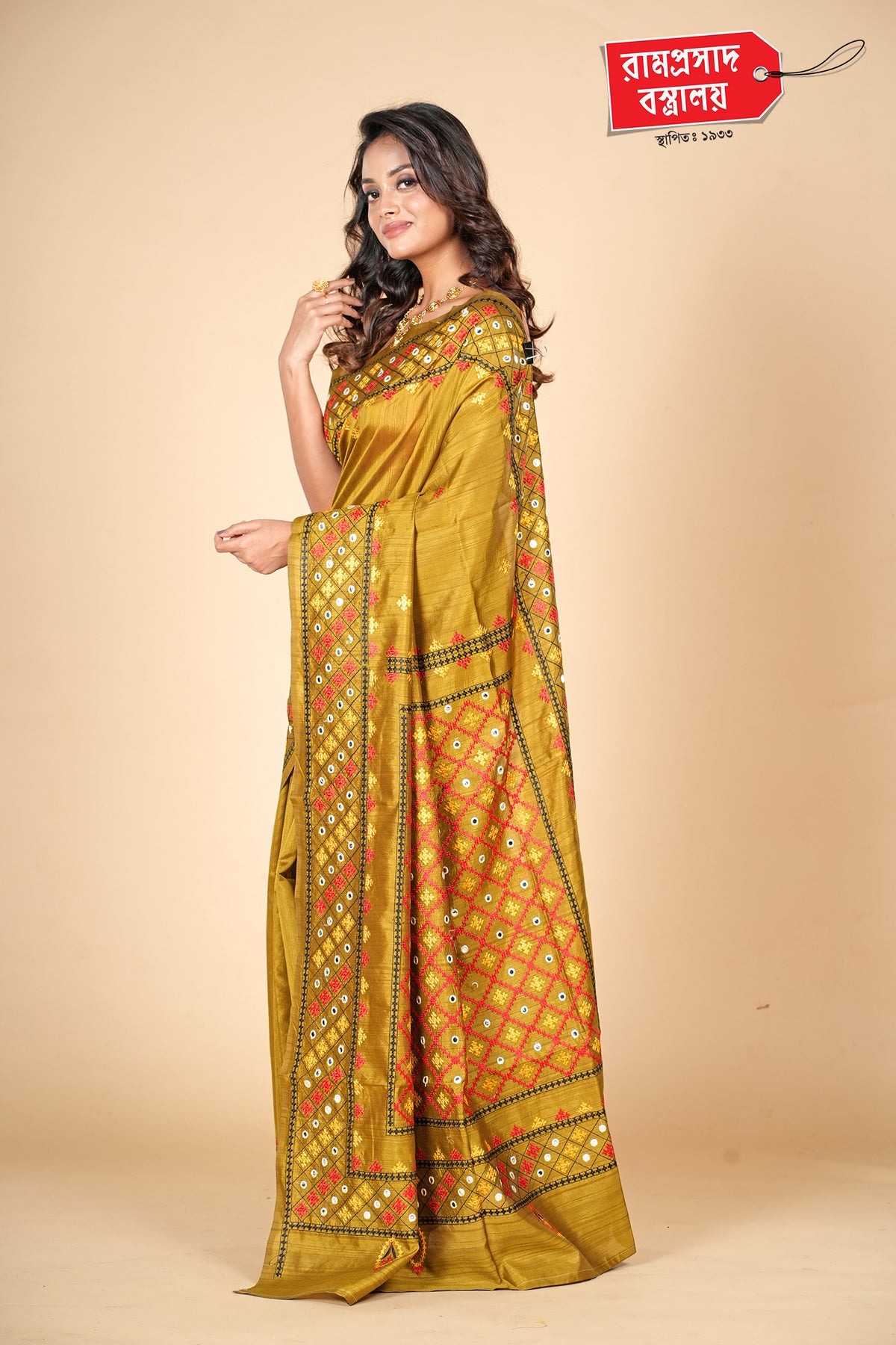 MUSTARD SEMI TUSSER GUJRATI WORK SAREE