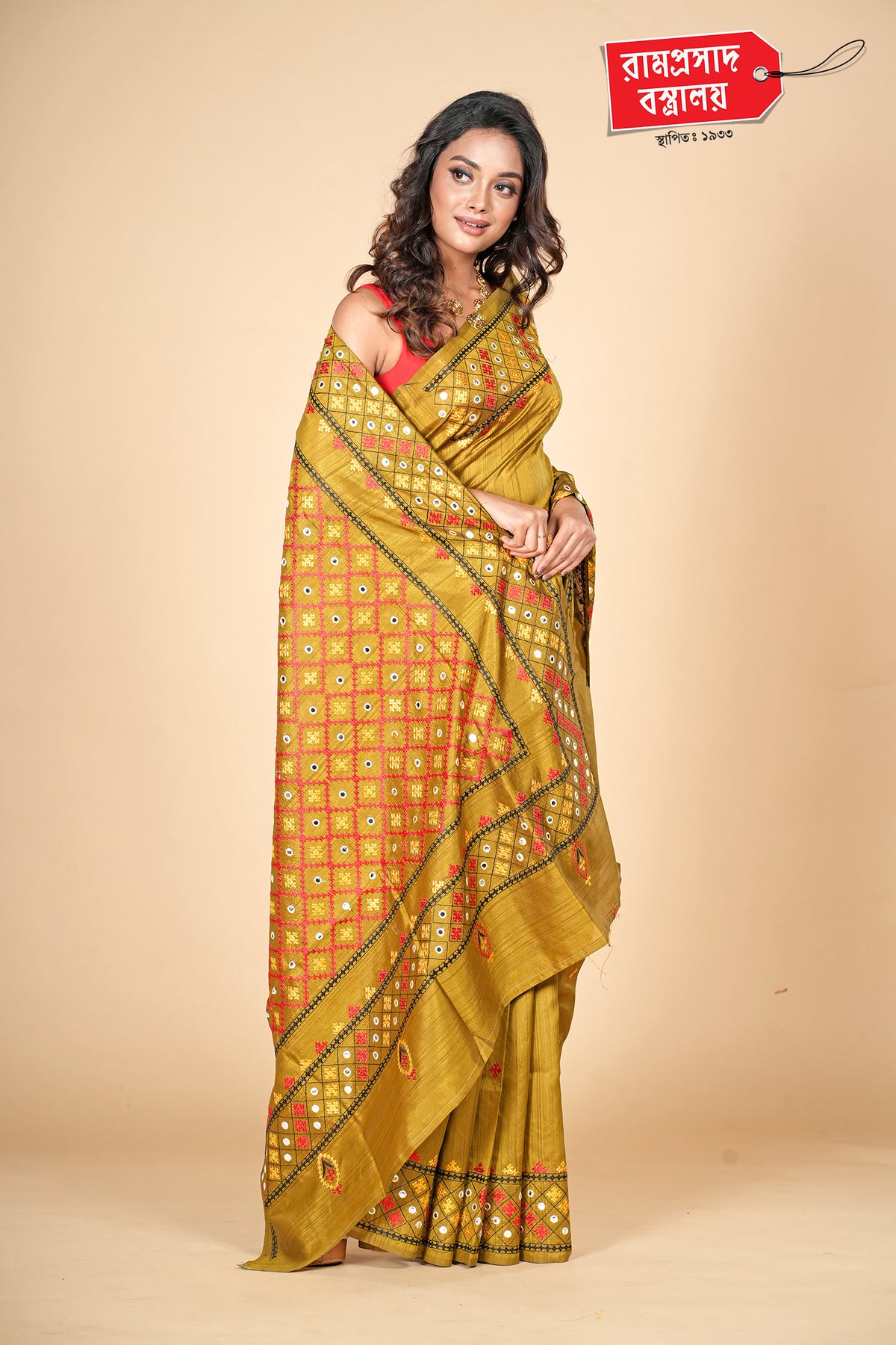 MUSTARD SEMI TUSSER GUJRATI WORK SAREE