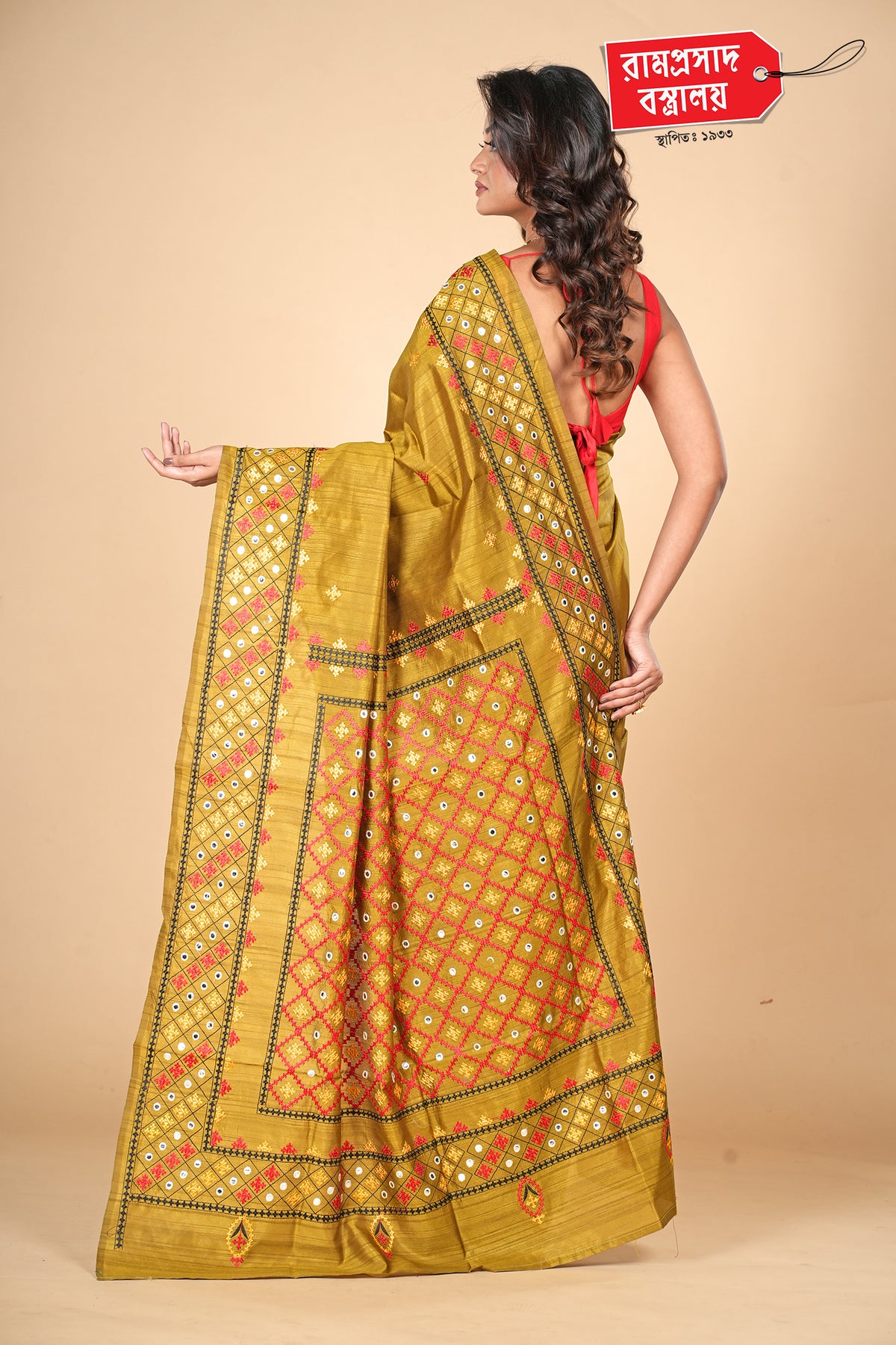 MUSTARD SEMI TUSSER GUJRATI WORK SAREE