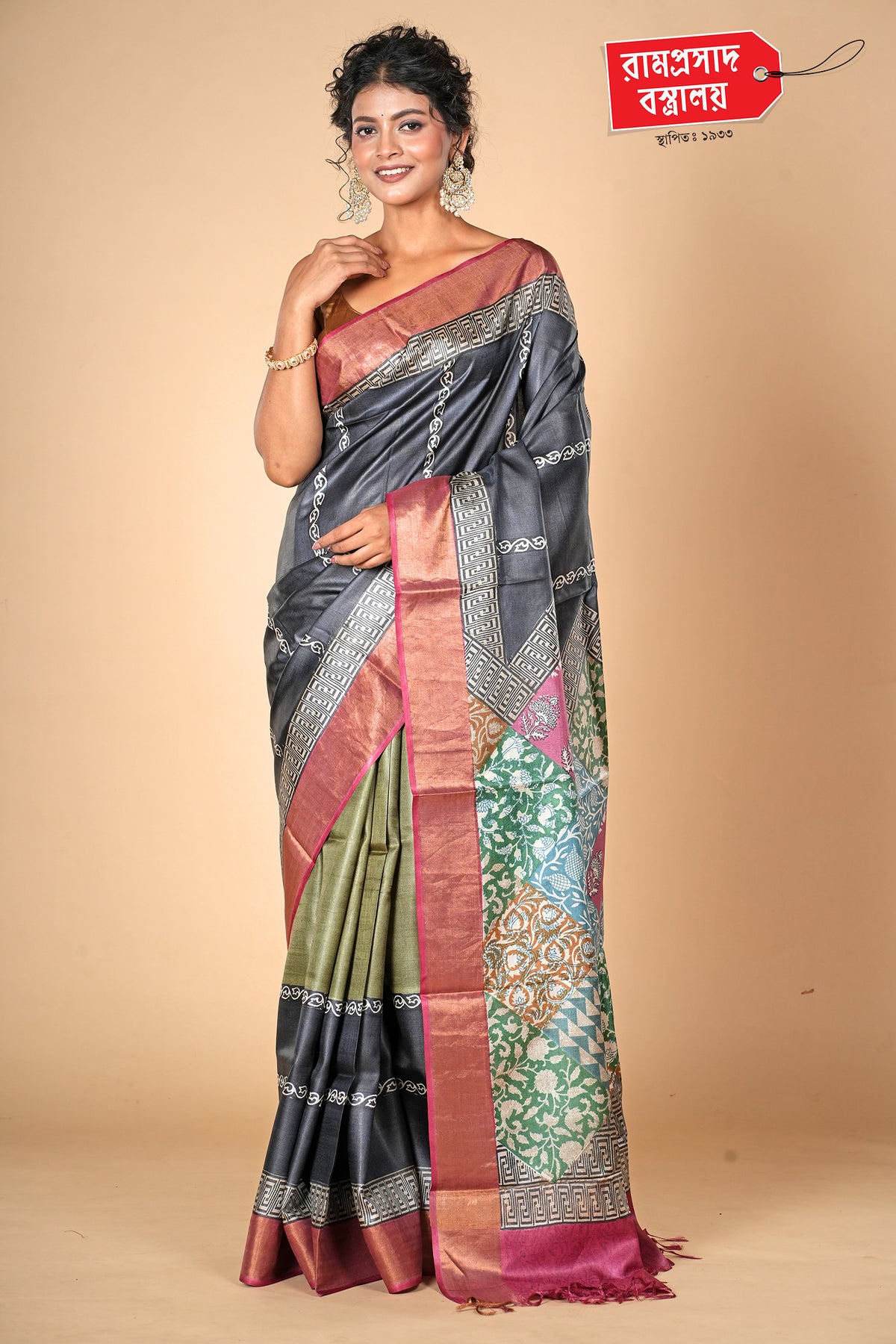 BLACK PRINTED TUSSAR SAREE