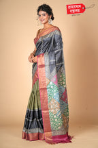 BLACK PRINTED TUSSAR SAREE