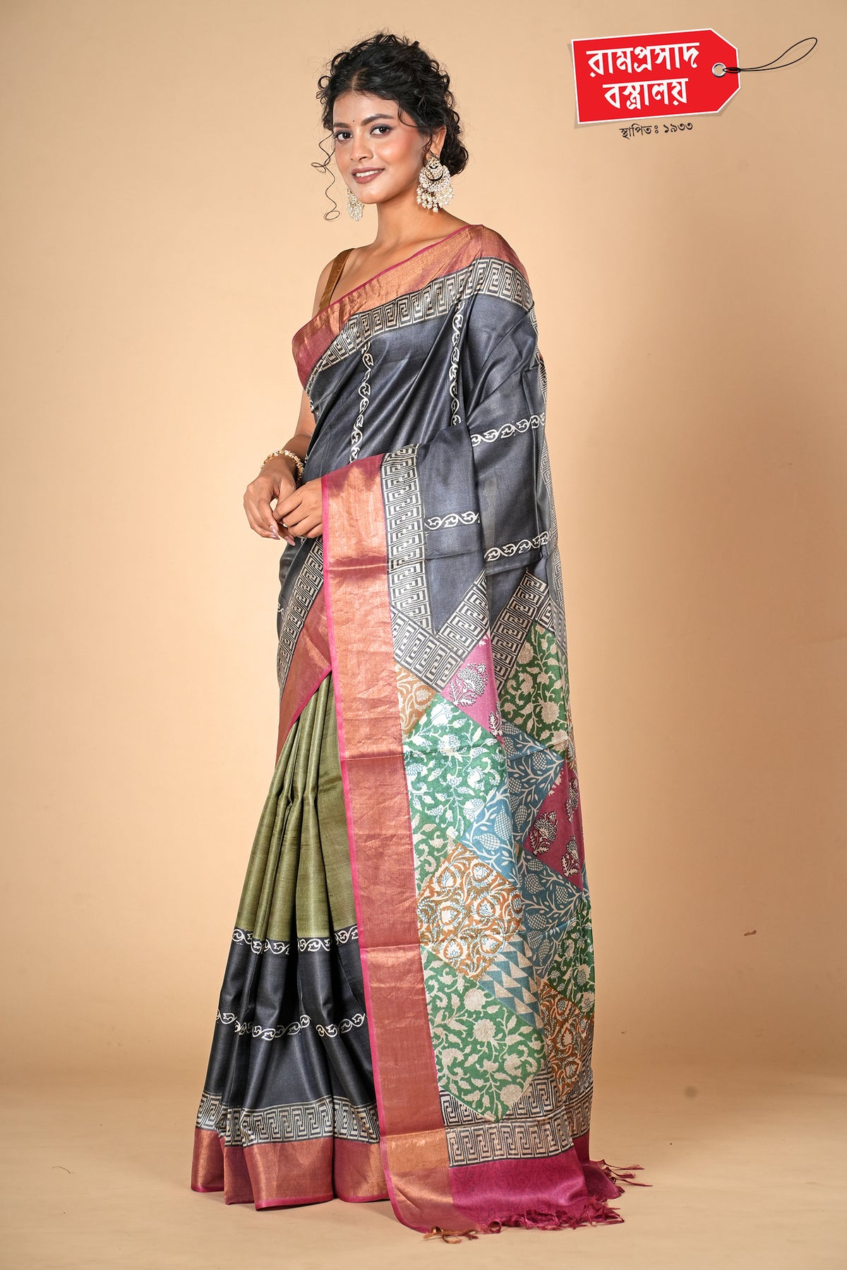 BLACK PRINTED TUSSAR SAREE