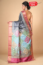 BLACK PRINTED TUSSAR SAREE