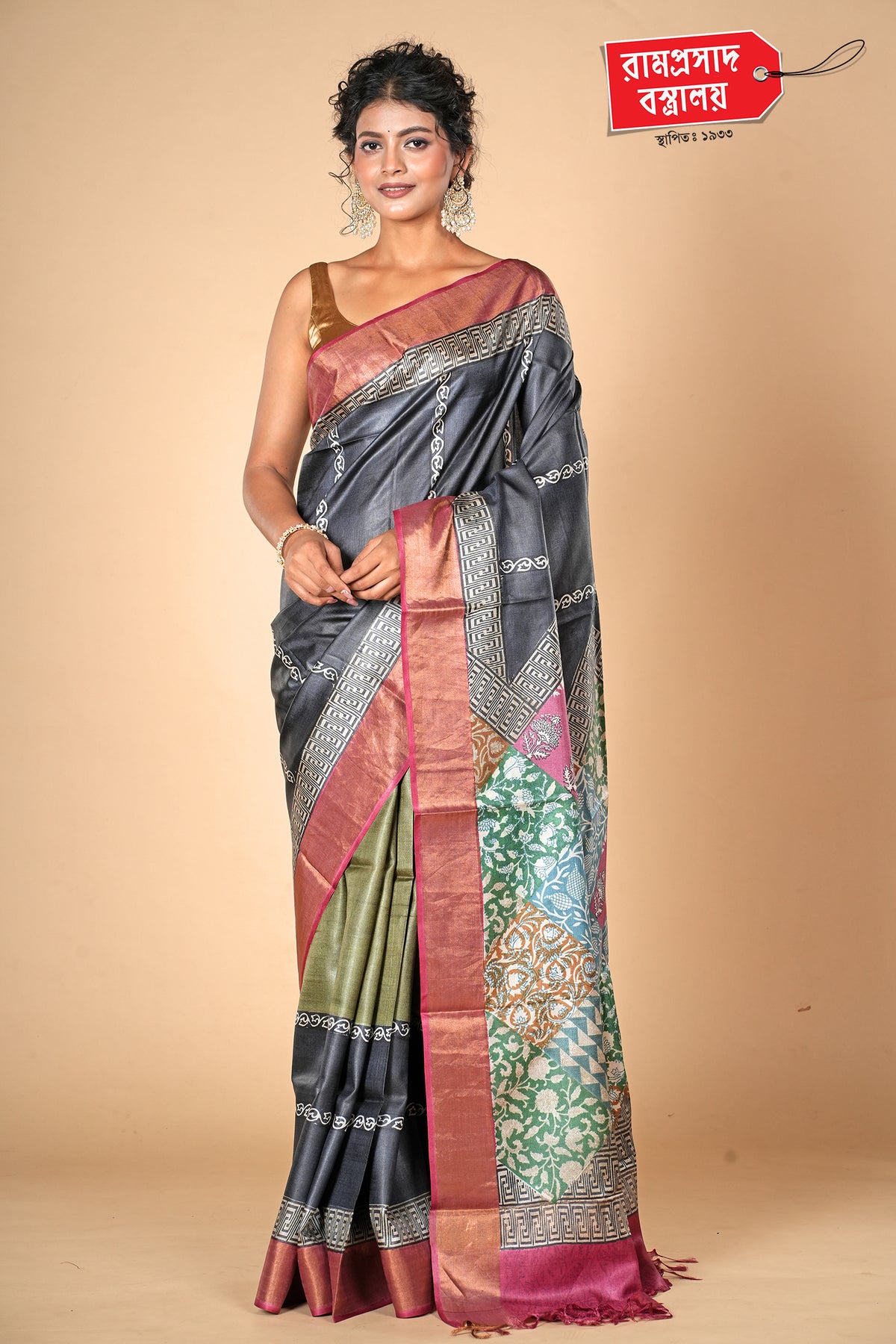BLACK PRINTED TUSSAR SAREE